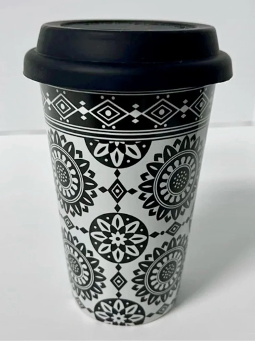 Longaberger Black Medallion Ceramic Travel Mug - 10oz Double-Walled Insulated